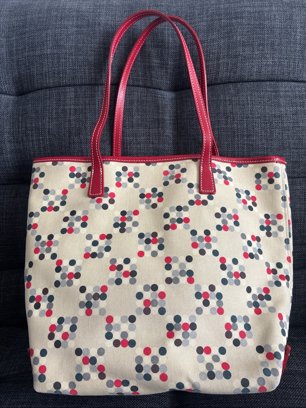 Canvas Tote with Red Trim and Polka-Dot Motif